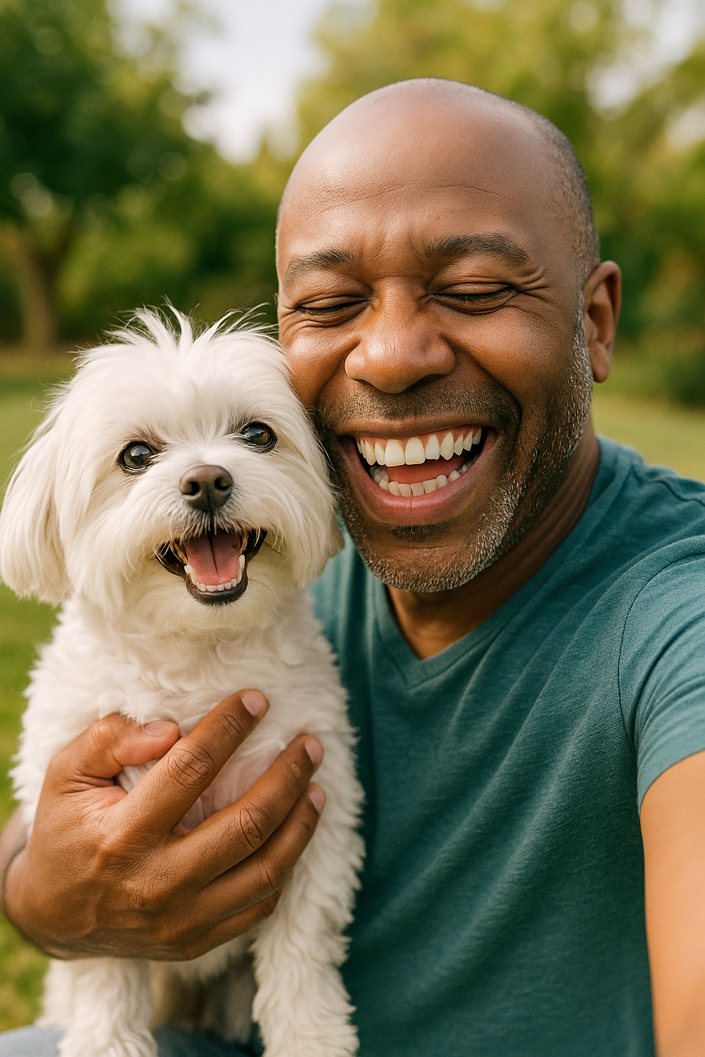 Man holding a small white dog outdoors with greenery in the background