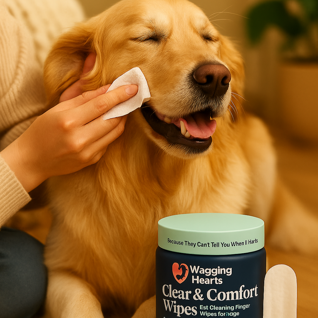 Person cleaning a dog's face with wipes next to a container of 'Wagging Hearts' wipes.